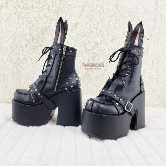 Chunky Platform Goth Punk Kitty Kat Bunny Ankle Boots - Picture 2 of 15